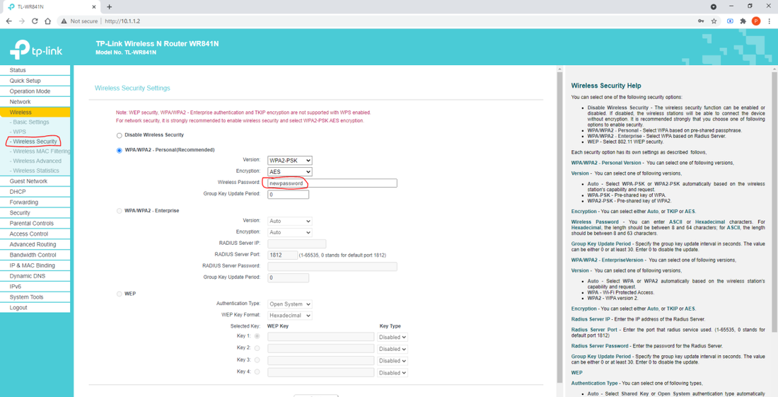 Wireless Security page with password field highlighted