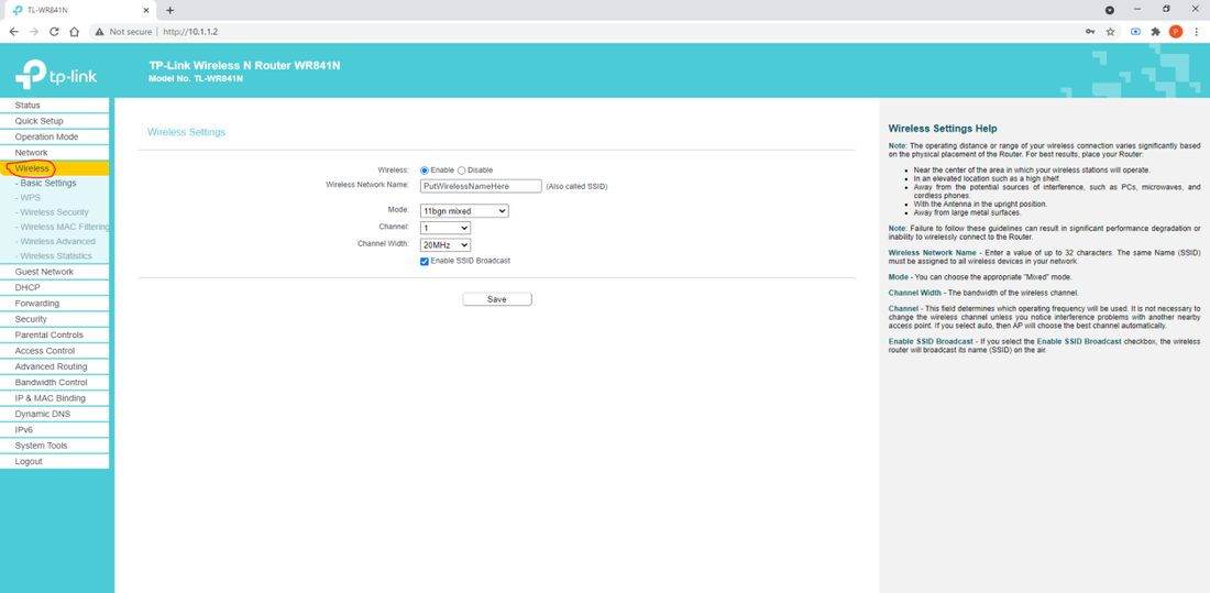 Wireless Settings page with network name field