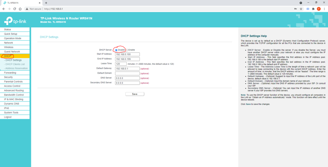 DHCP Settings with Disable selected