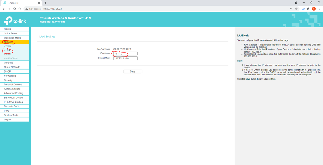 LAN Settings with IP Address 10.1.1.2