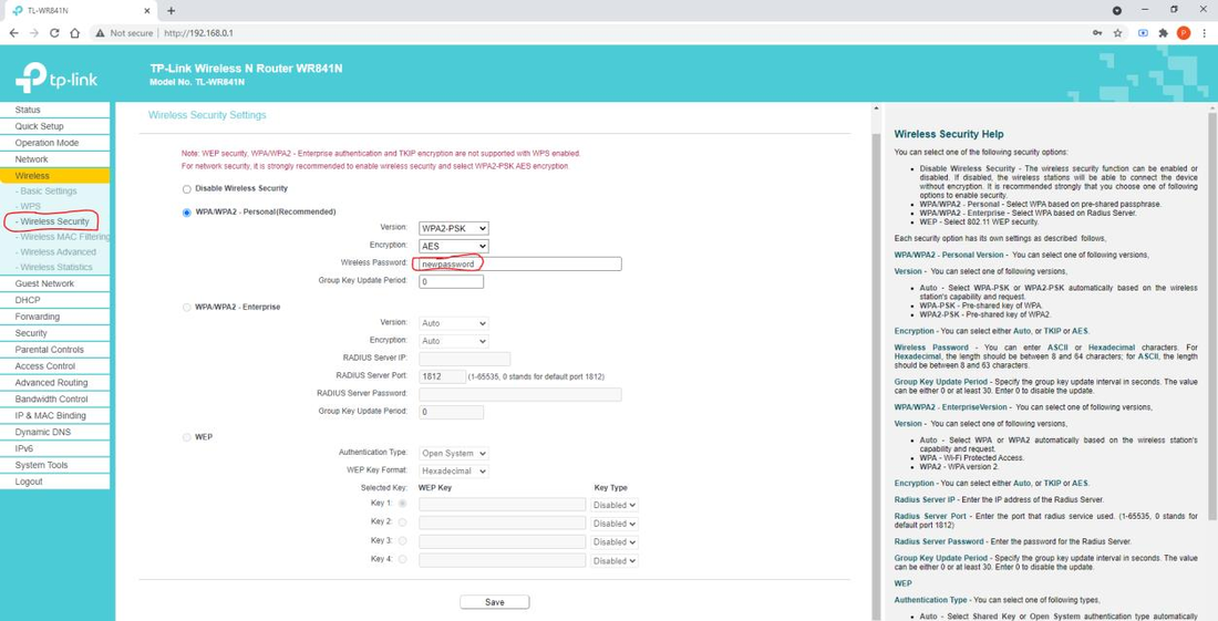 Wireless Security with password field