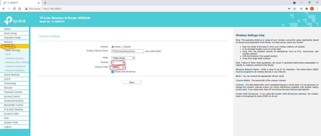 Wireless Settings: Channel and Channel Width
