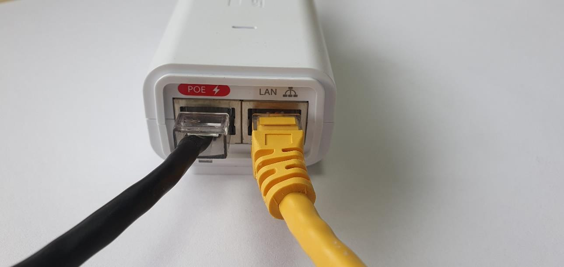 POE injector wired up: black cable in POE, yellow in LAN